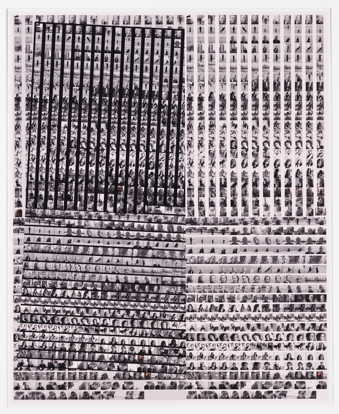 Large black-and-white contact sheet collage of hundreds of small portrait frames with dark rectangular overlay.