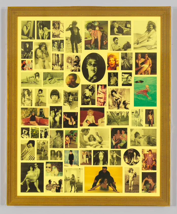 Framed collage of vintage portraits and candid photos of people arranged in a yellow-tinted grid.