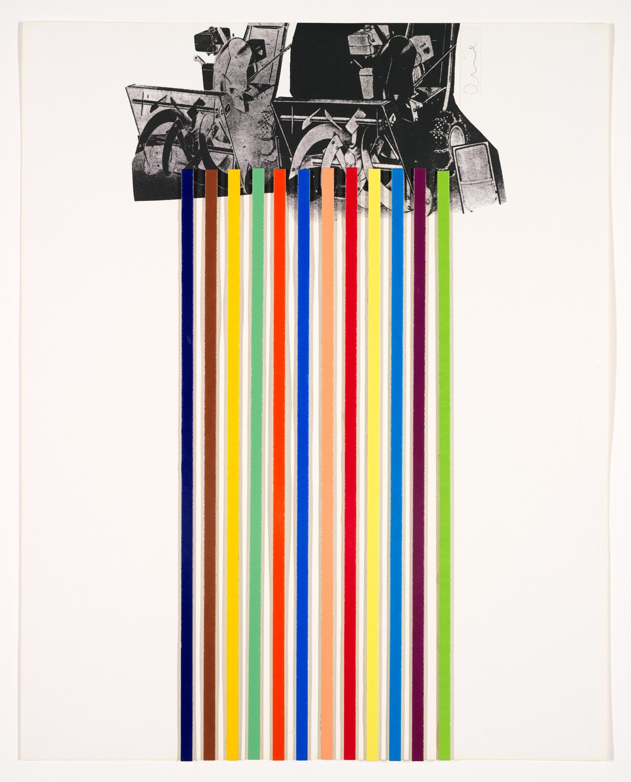 Black mechanical shapes at top release multiple long vertical colored stripes down the white background.