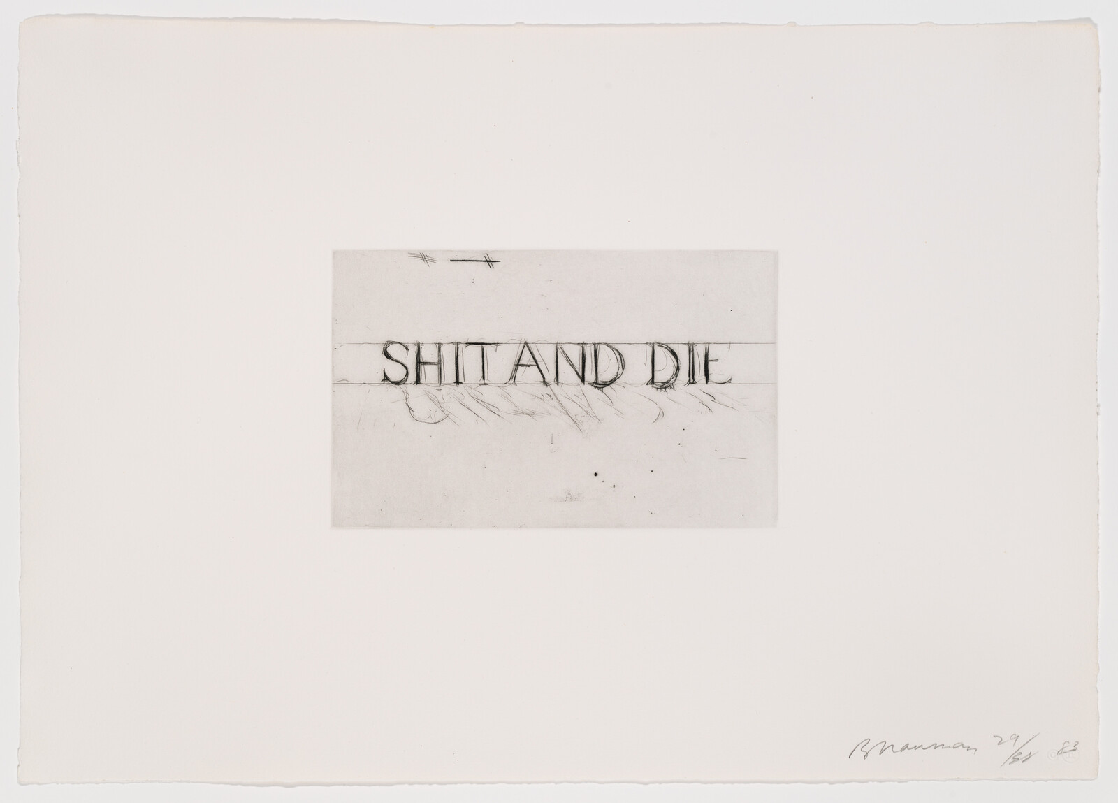 Large handwritten words "SHIT AND DIE" scratched across the center of a blank sheet.