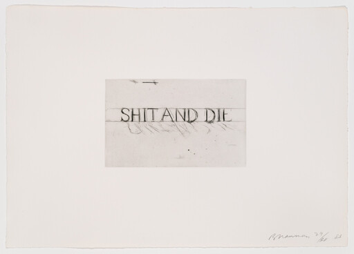 Large handwritten words "SHIT AND DIE" scratched across the center of a blank sheet.