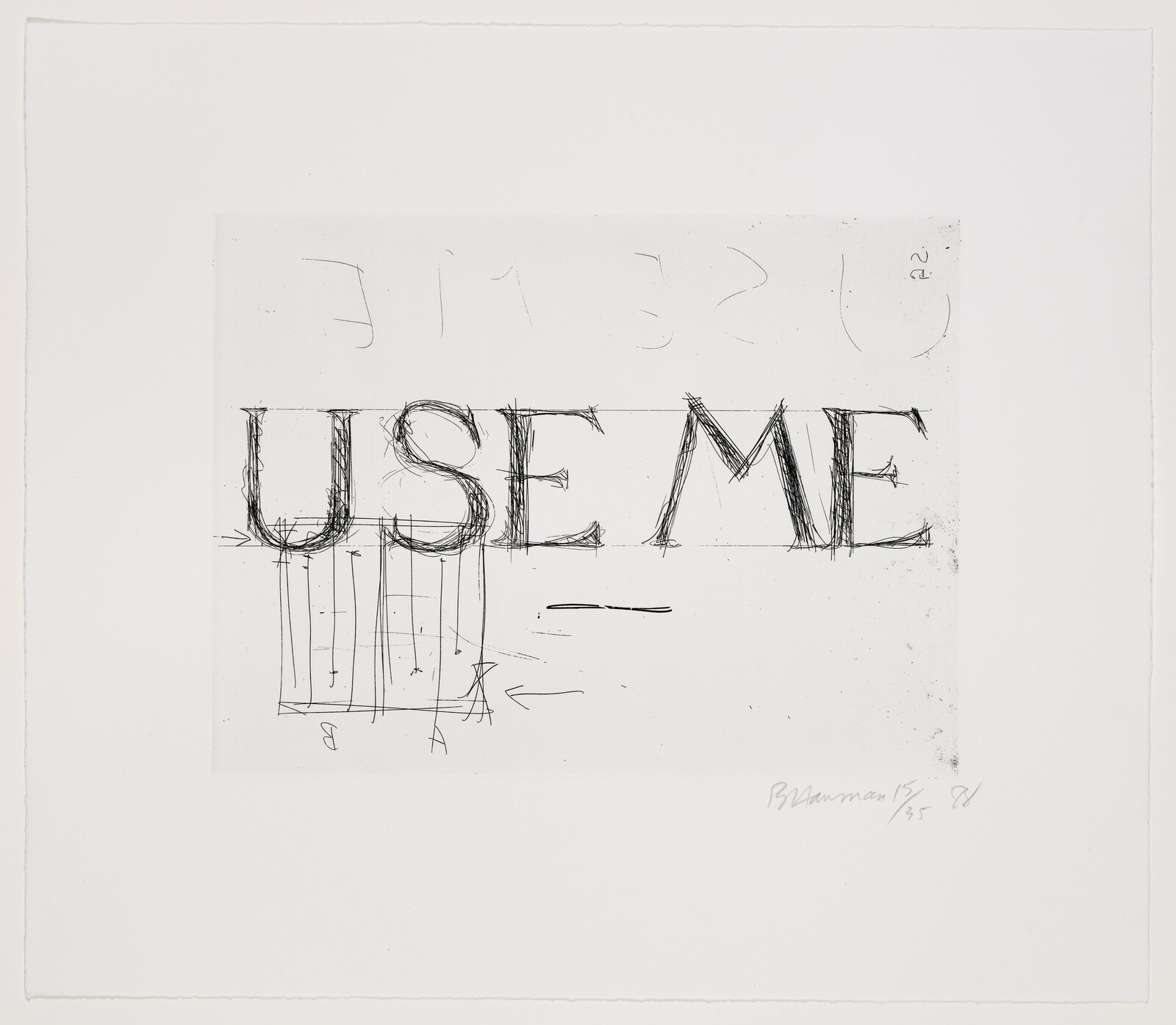Large sketched letters reading "USE ME" with pencil construction lines and annotations.