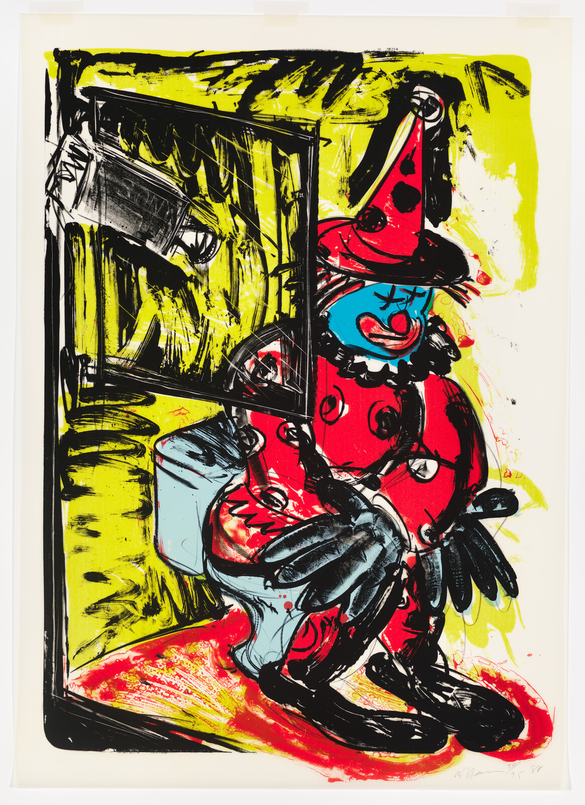 A sad clown in a red polka-dot costume sits on a toilet with hands folded.