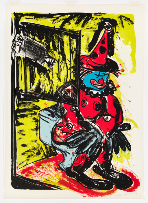 A sad clown in a red polka-dot costume sits on a toilet with hands folded.