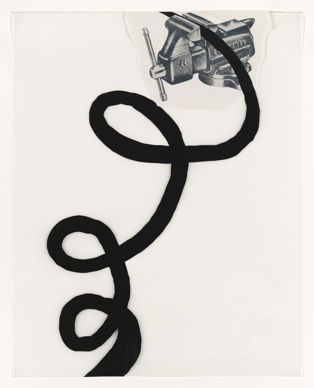 Thick black curving ribbon loops across a white background ending near a small metal vise sketch.