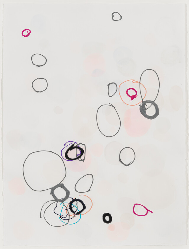 Scattered hand-drawn circles and rings in black, pink, orange, and teal on white paper.