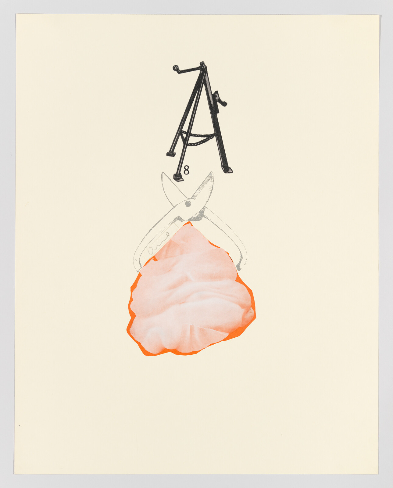 Pruning shears grip a crumpled pink-orange pad beneath a small numbered tripod drawing.