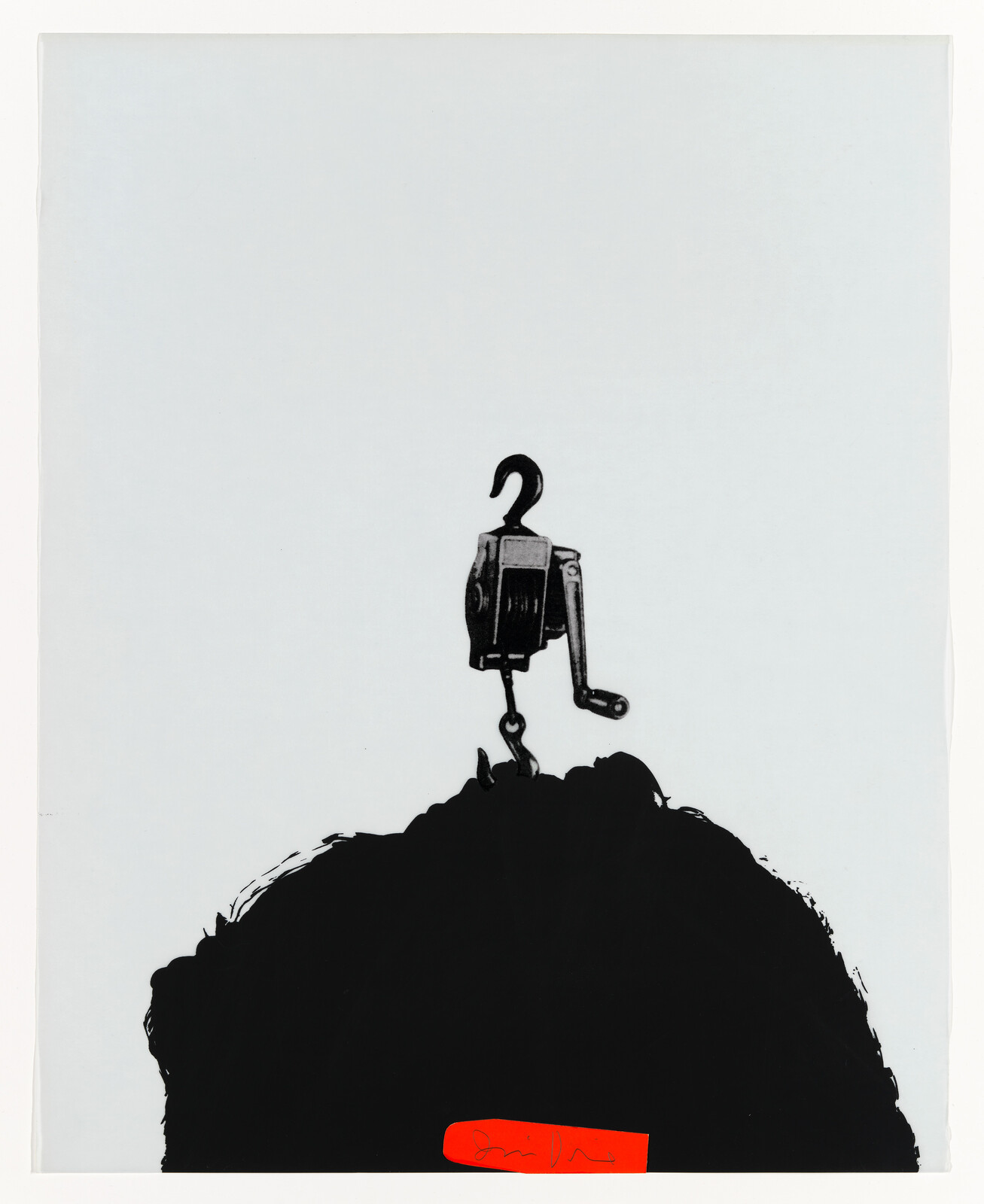 A hand crank hoist hangs by its hook above a black silhouette of a person's head.