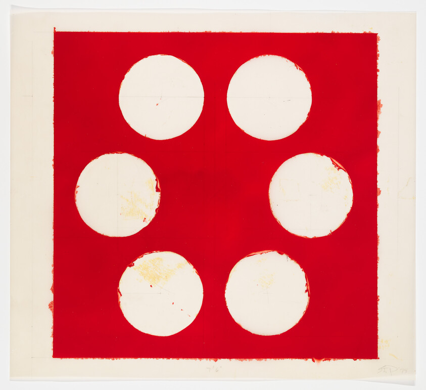 Six white circles arranged in two columns within a bright red square.