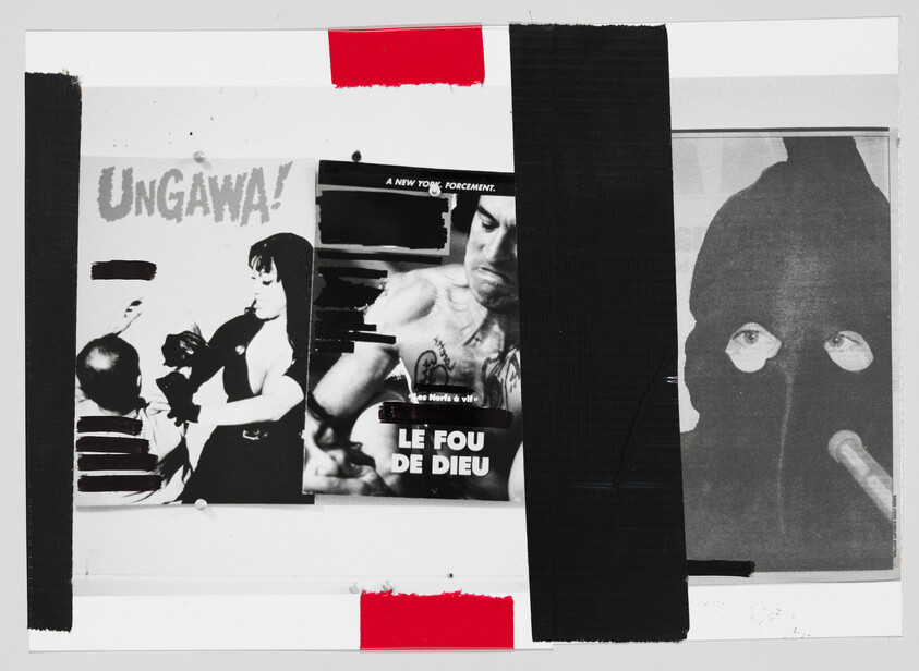 Three black-and-white posters on a wall: woman, shirtless man labeled "Le fou de Dieu," and masked figure.