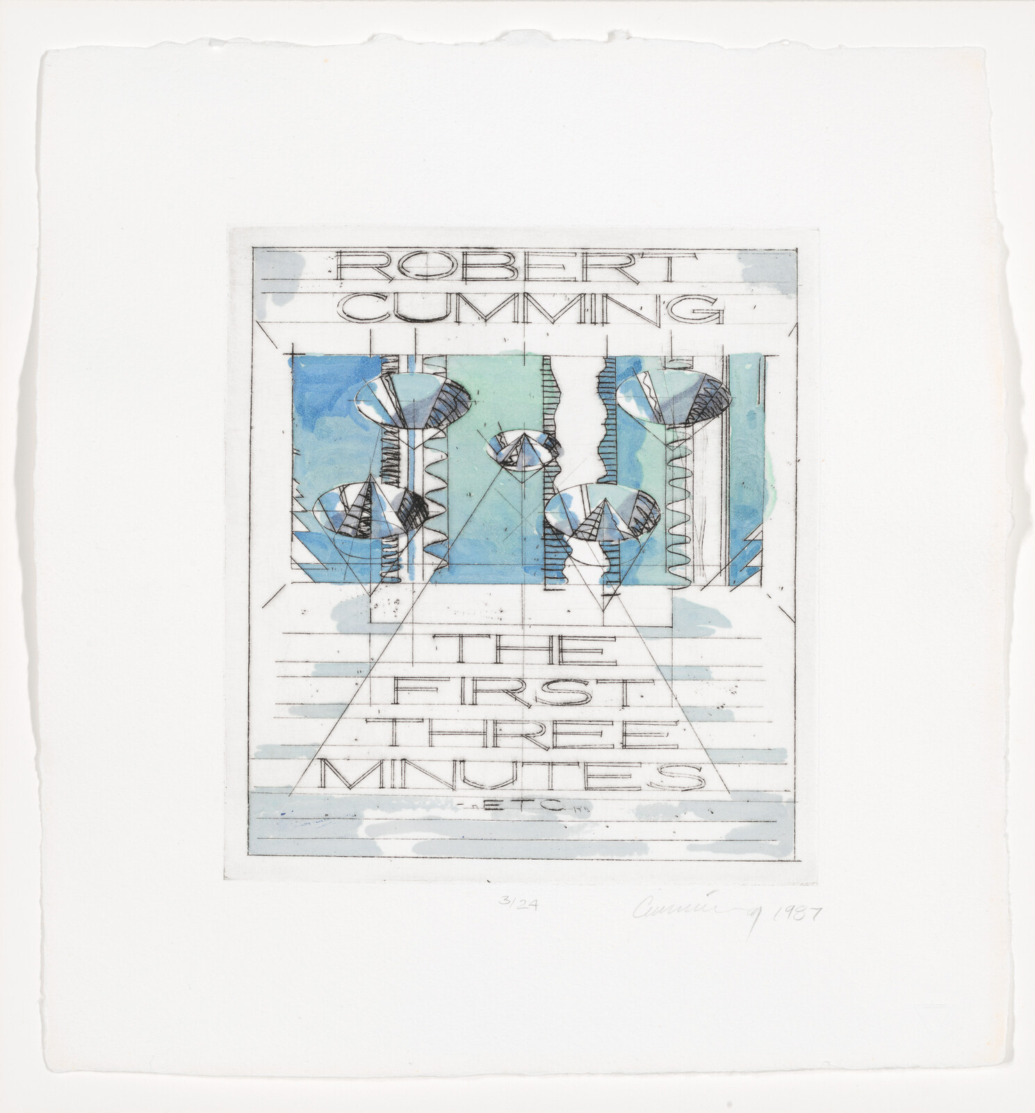 Poster-like print showing geometric blue shapes titled "Robert Cumming" and "The First Three Minutes."