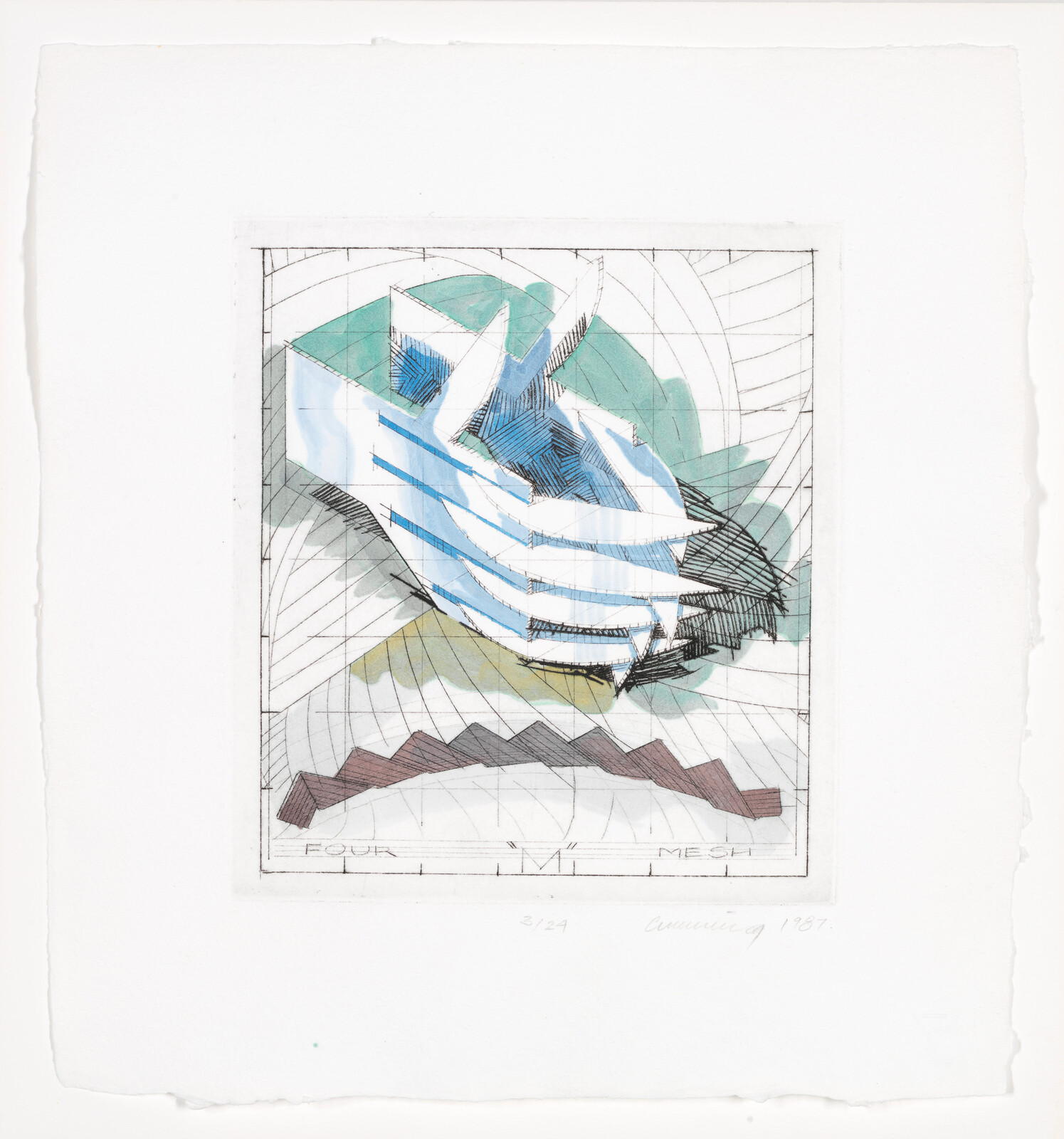 Abstract layered geometric shapes with blue and green curved forms over a faint grid background.