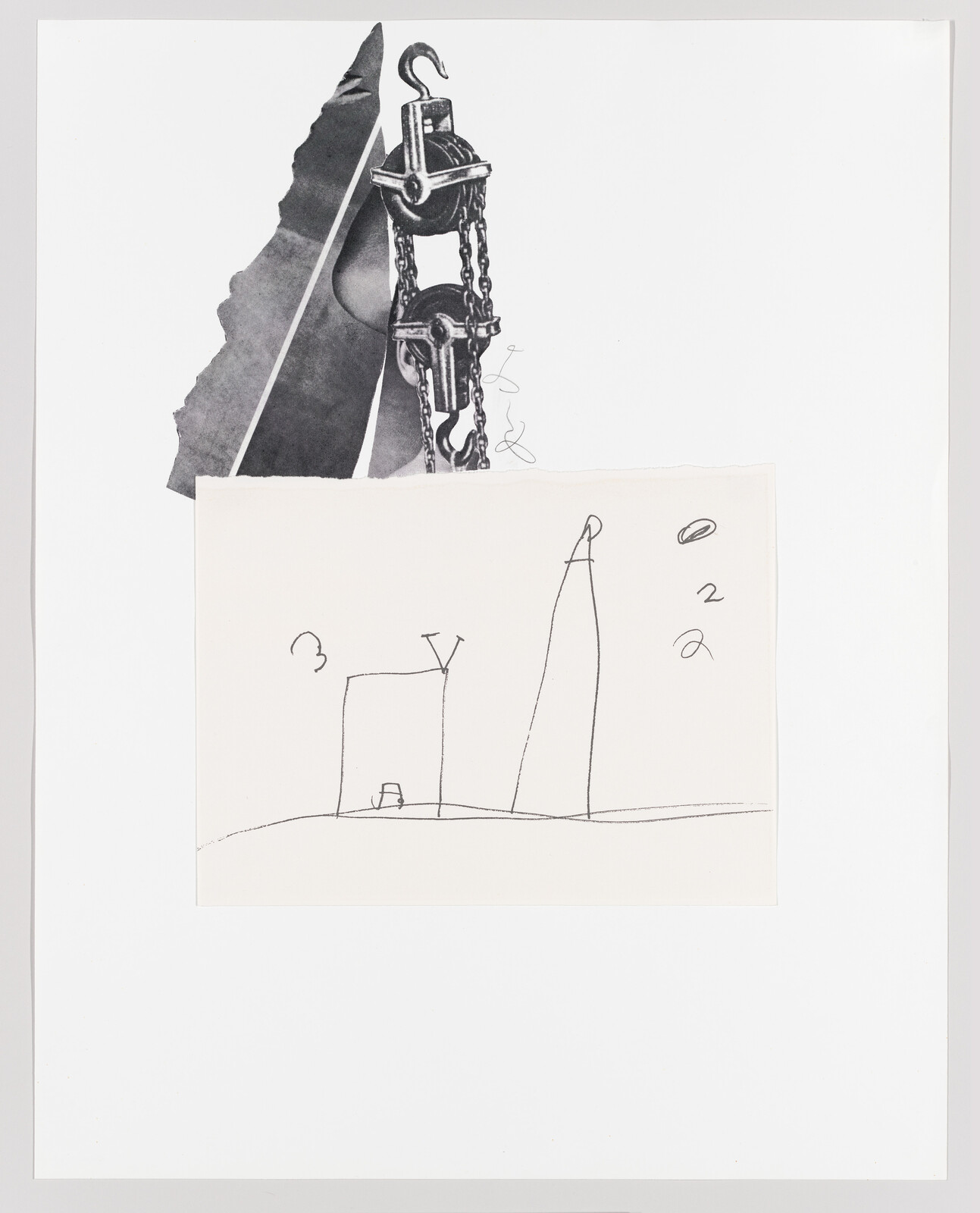 Collage showing metal pulley and chain above a simple pencil sketch of two buildings and numbers.