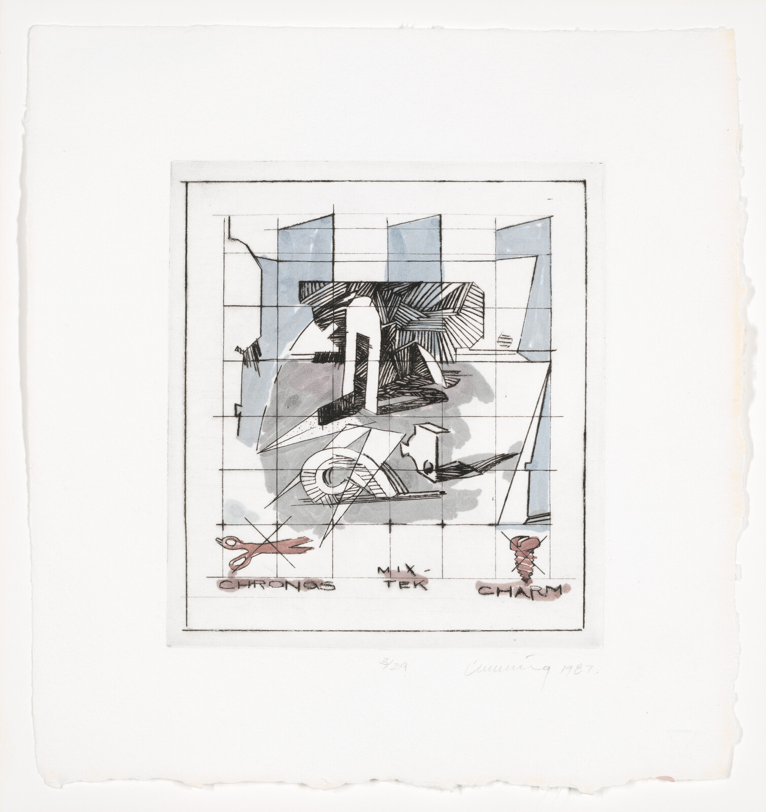 Abstract geometric collage with grid lines, central folded shapes, and scissors at the bottom left.