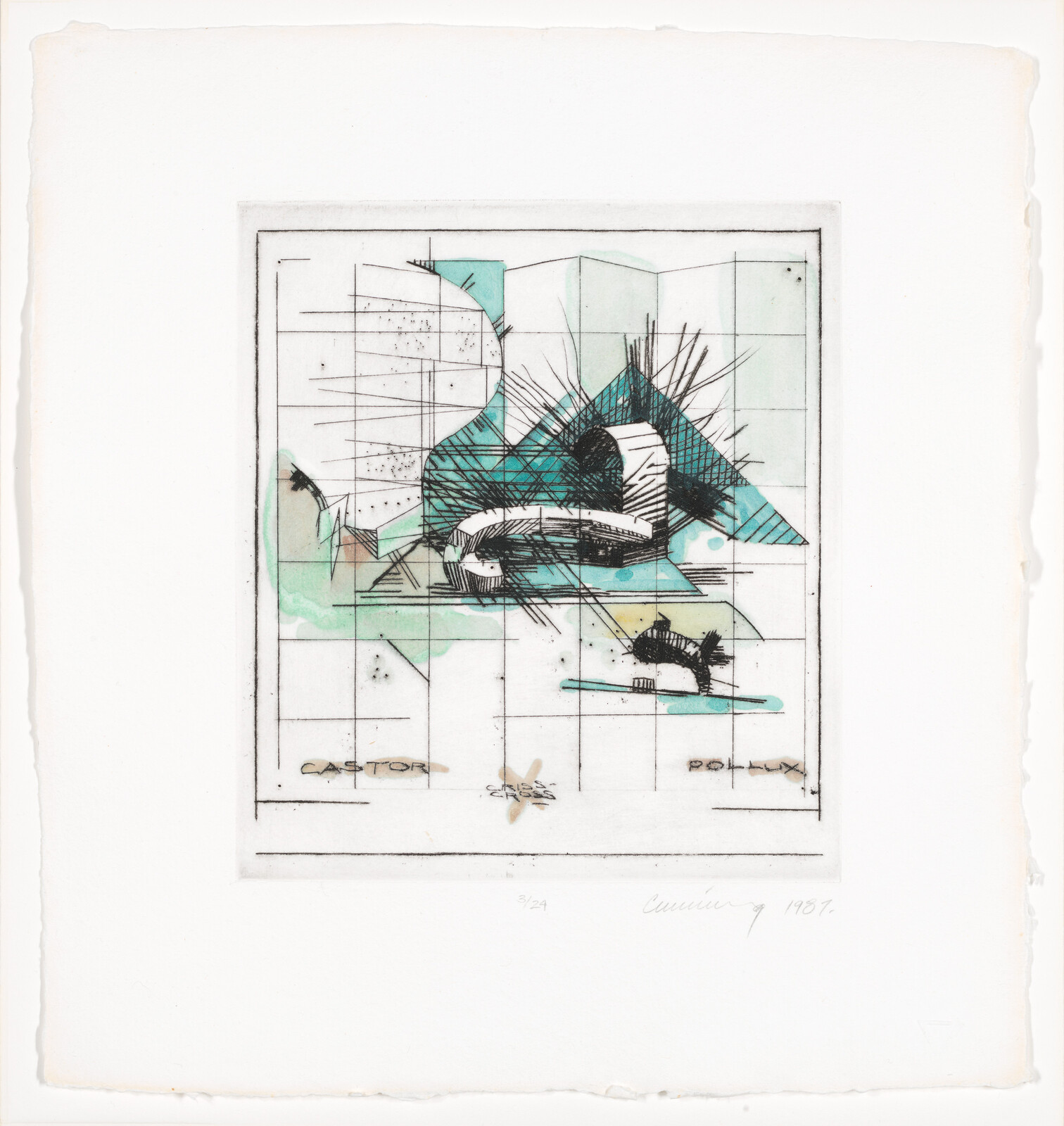 Abstract architectural sketch with teal shapes, black hatching, and a faint grid background.