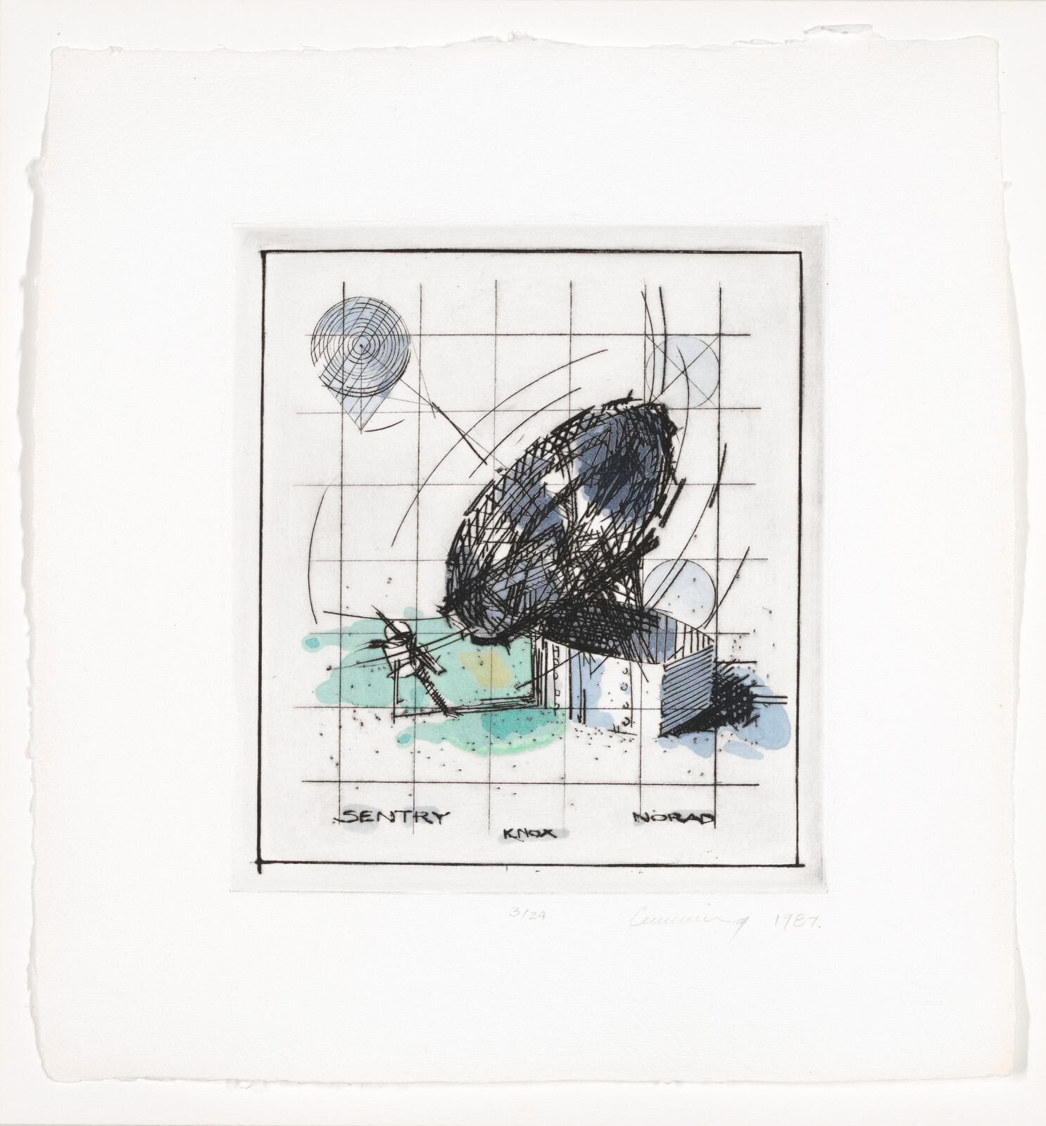 A large sketchy beetle sits on a grid with blue-green watercolor splashes and geometric marks.