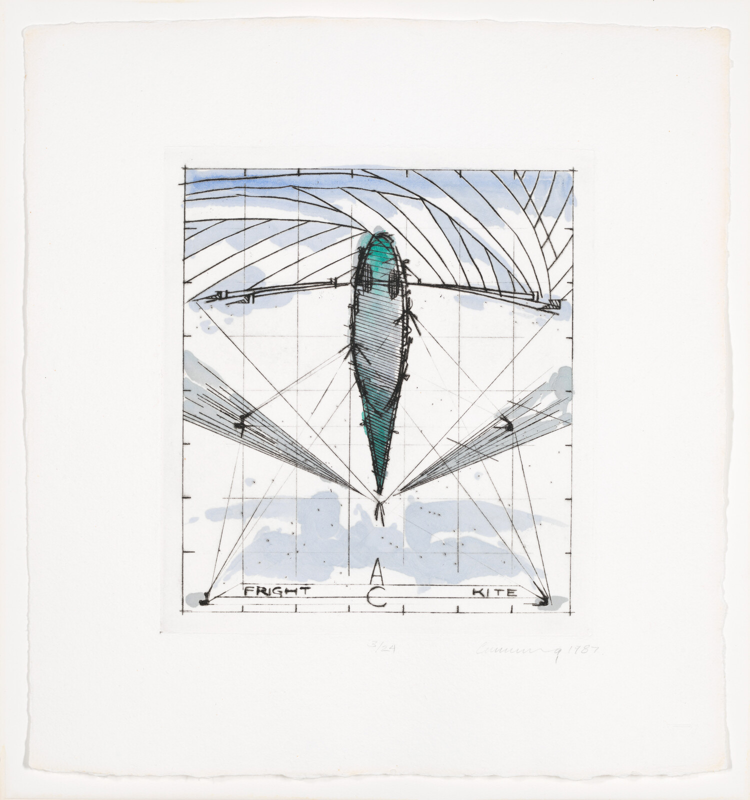 A teal kite-like shape suspended by geometric lines with the words "fright" and "kite" below.