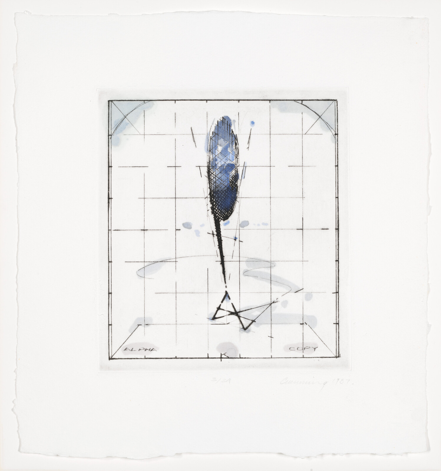 A tall blue feather-like brushstroke rises from a triangular base over a light grid.