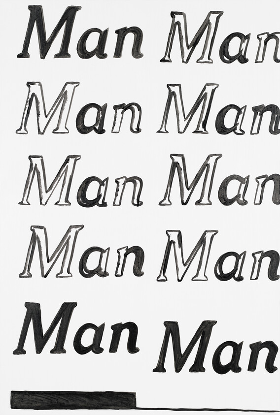 Repeated handwritten word "Man" shown in various bold and outlined styles across a white page.
