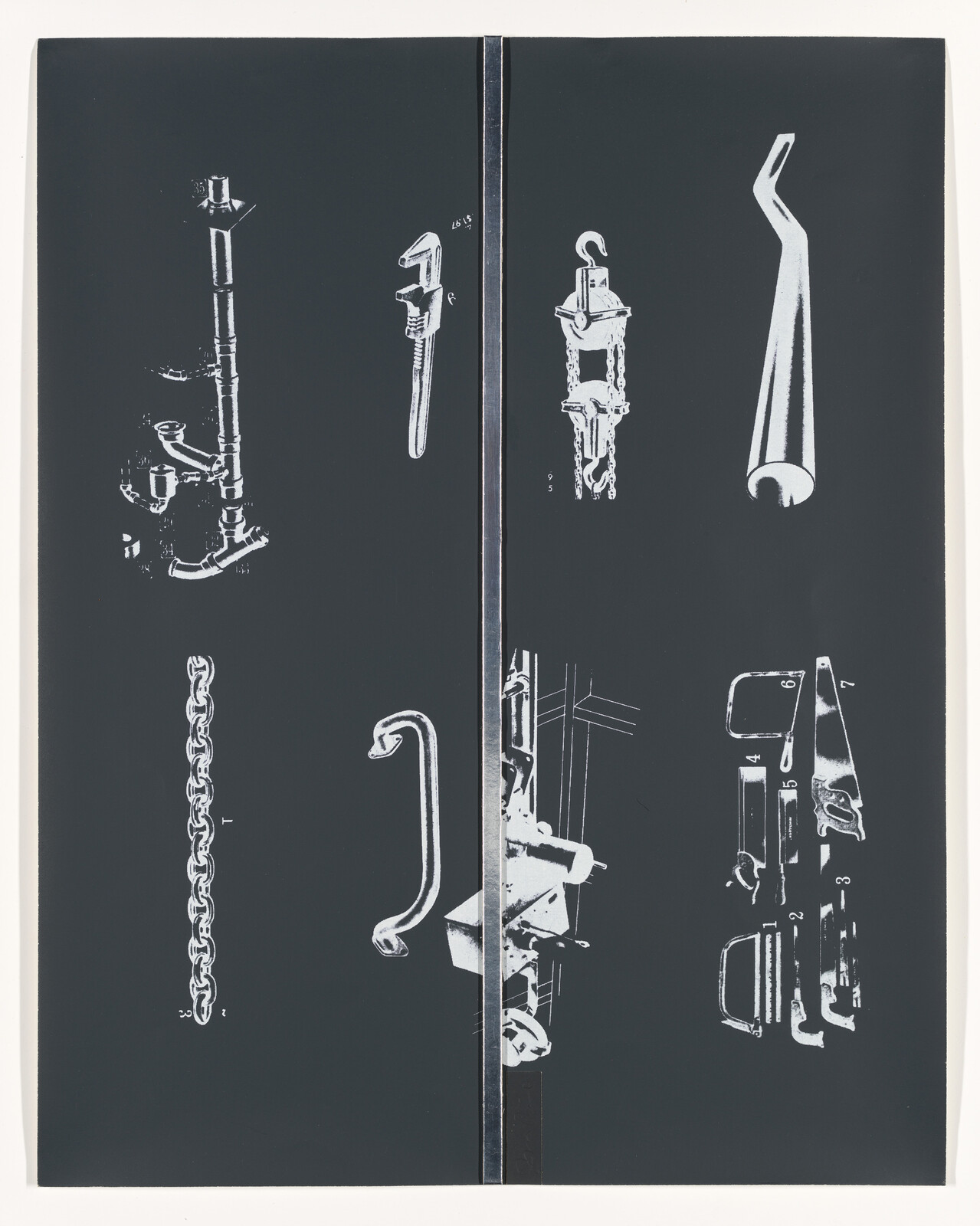 Various white technical drawings of tools and hardware including wrench, chain, hook, and handle on dark background.