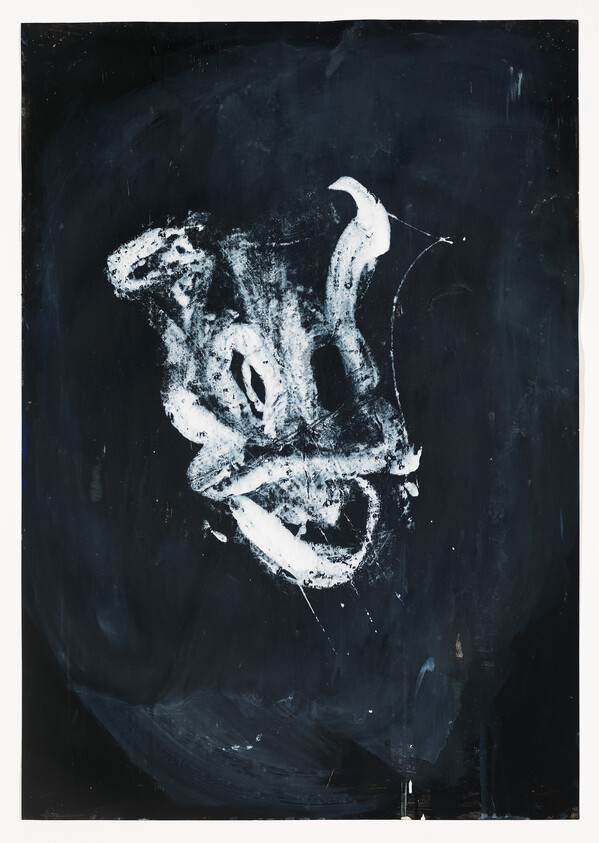 A dark, abstract painting with expressive white strokes on a black background that suggest a dynamic, almost ghostly figure or face. The artwork has a raw, textured appearance with splatters and smudges.