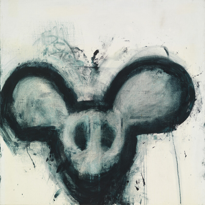 A dark, abstract painting of a skull-like mouse head with large round ears and paint drips.