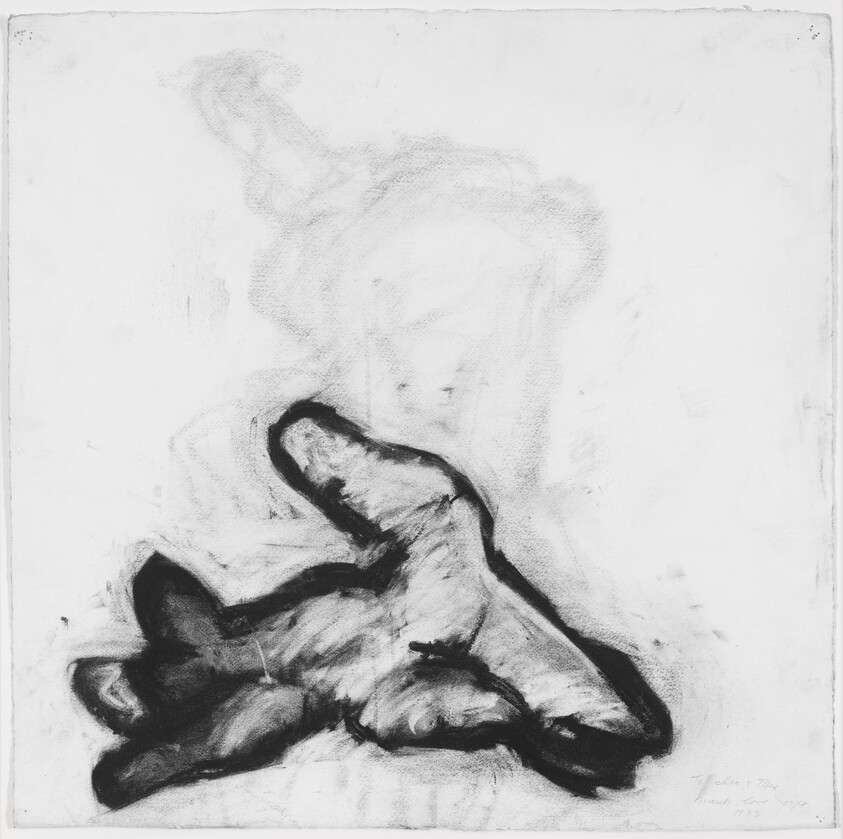 A charcoal sketch of a large hand lying palm-up with dark, smudged contours.