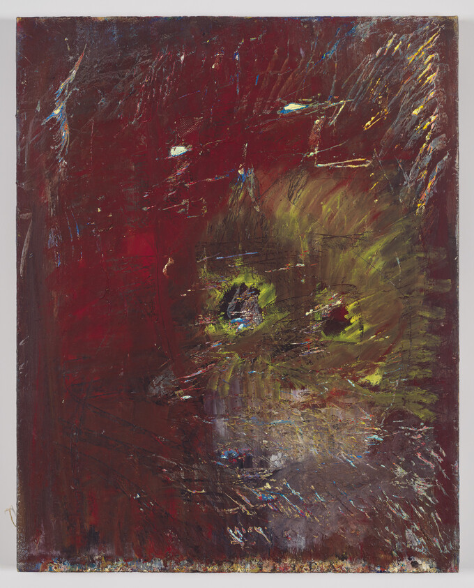 An abstract painting showing a cat-like face with glowing green eyes emerging from a dark red background.