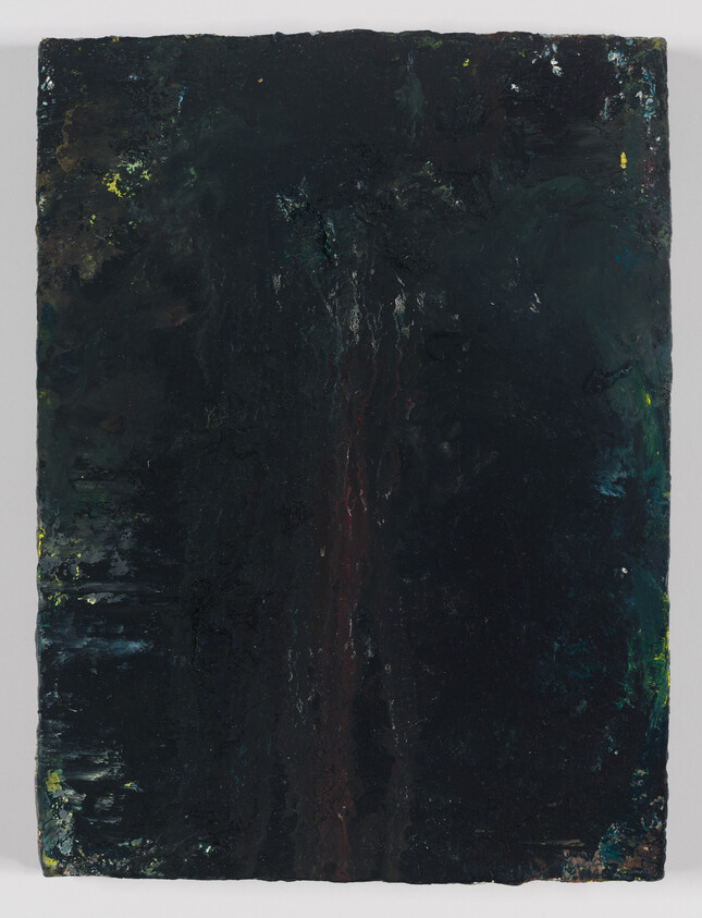 Dark textured abstract painting with a mostly black surface and faint green and yellow edges.