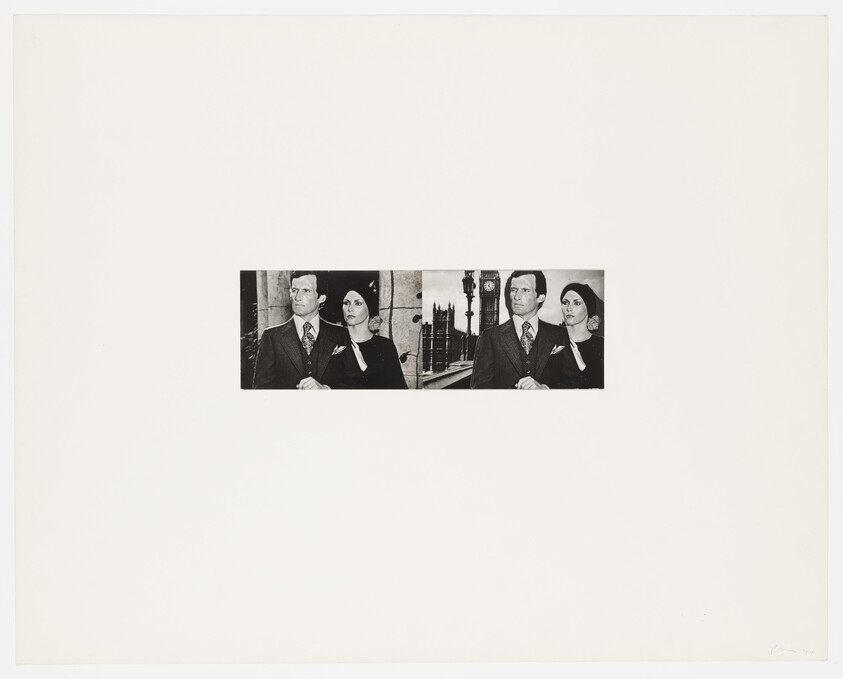 A well-dressed man and woman stand together near the Houses of Parliament and Big Ben.