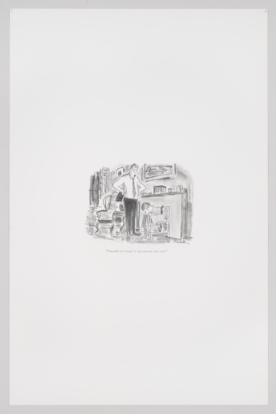 A man stands with hands on his hips watching a child poke the fireplace with a stick.