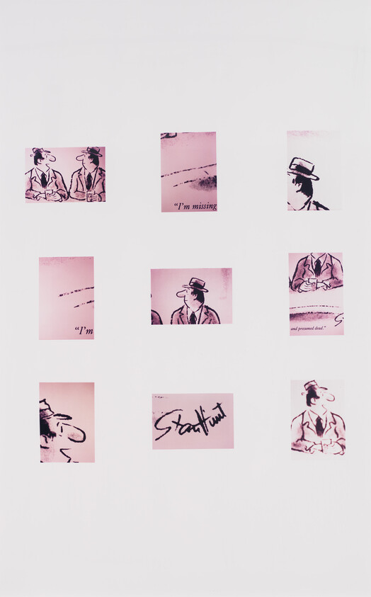 Nine small pink comic panels showing a man in a hat and partial captions like "I'm missing" and "Start out."