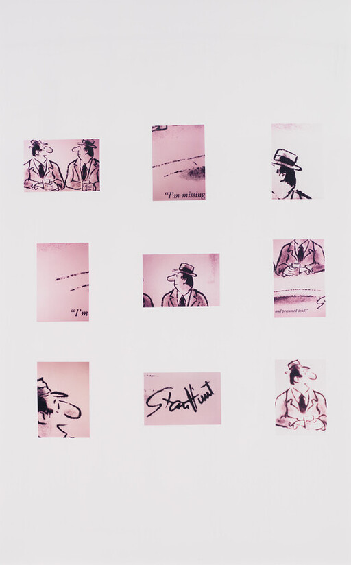 Nine small pink comic panels showing a man in a hat and partial captions like "I'm missing" and "Start out."