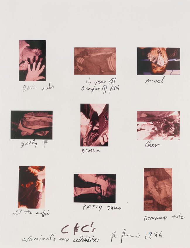 Nine small red-tinted portraits arranged in a grid with handwritten names and the title "C&C's criminals and celebrities."