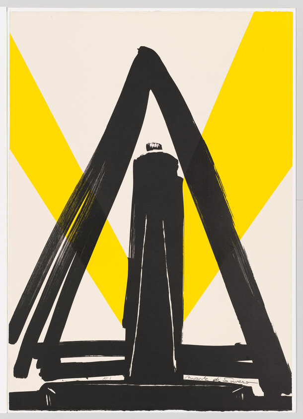 Bold black brushstrokes form a triangular structure against a yellow V-shaped background.