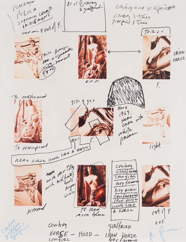 A collage of various images and handwritten notes, predominantly in red ink. The images appear to be thematic, focusing on cowboys and horses, with some featuring individuals in cowboy attire. The notes contain a mix of words and phrases such as "POLICE," "COWBOY and GIRLFRIEND," and "IRON HORSE," along with annotations about the images like "to red more blue" and "REAL HORSE." The overall impression is of a brainstorming session or a creative project in development.