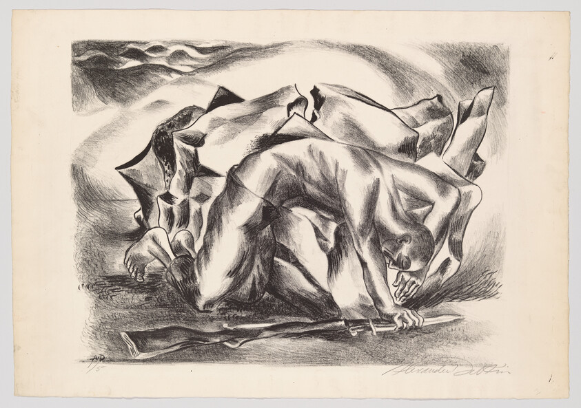 A crouching wounded soldier grasps a rifle on the ground beneath draped cloth.