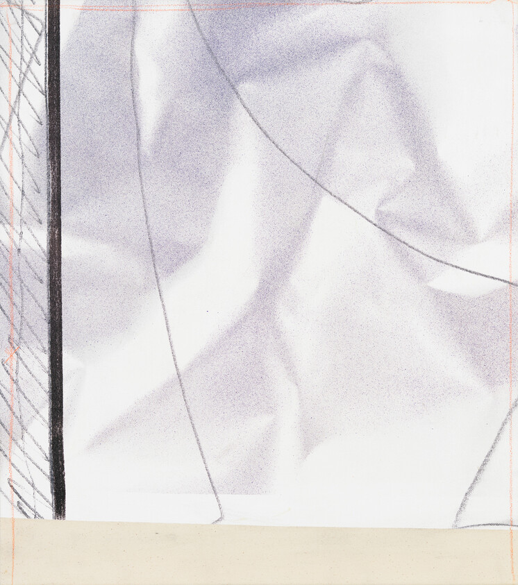 Sketch of draped fabric with grid lines and shading, suggesting a study of folds and light.