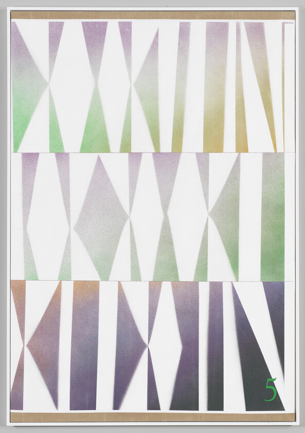 Abstract geometric painting with overlapping triangles in muted colors, number 5 in the bottom right corner.