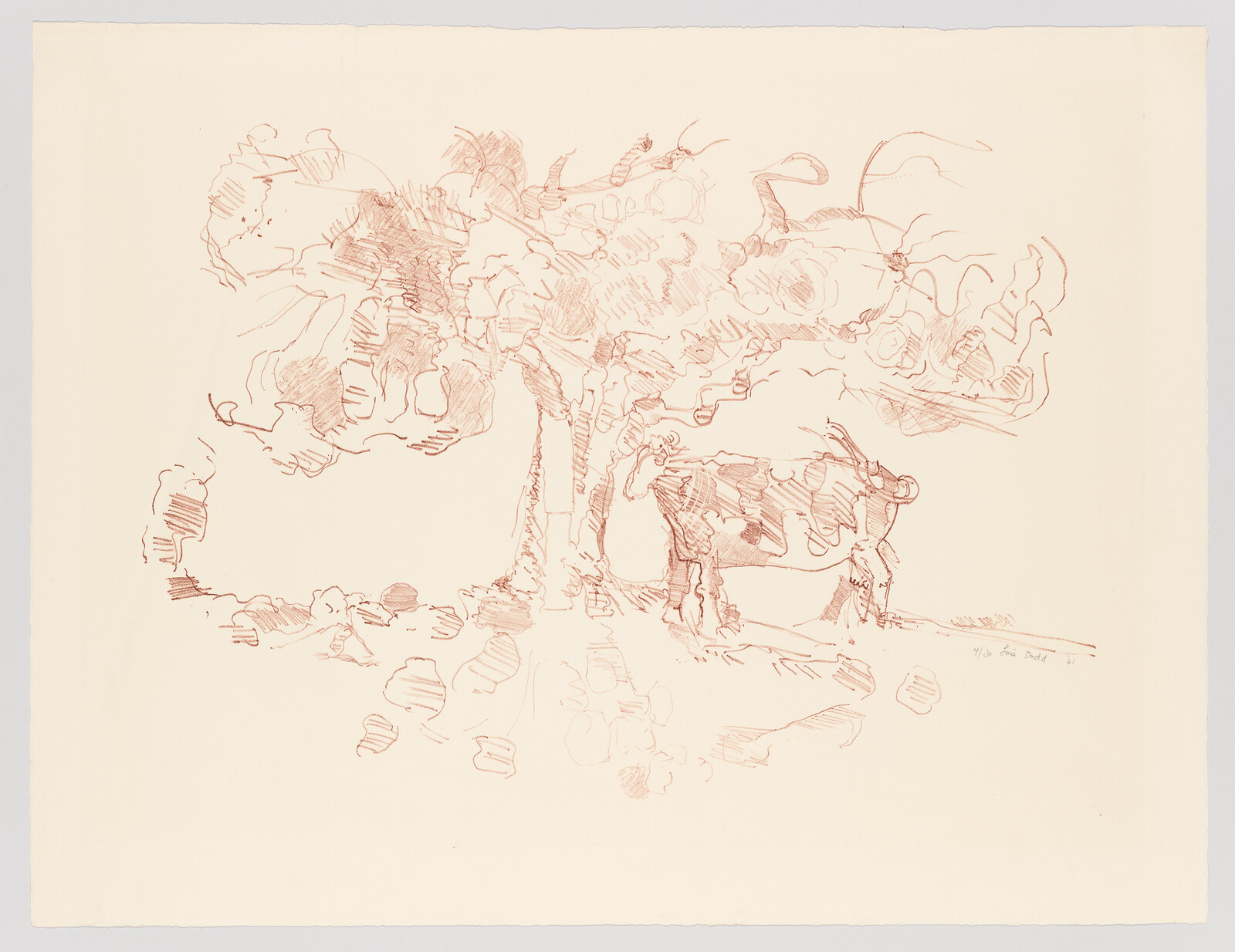 A loose red ink sketch of a cow standing beneath a leafy tree.