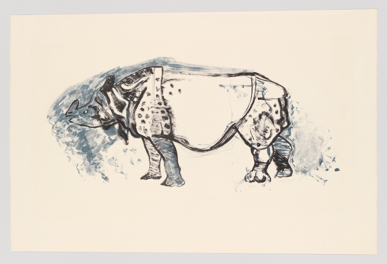 A loose blue and black sketch of a standing rhinoceros with textured shading.