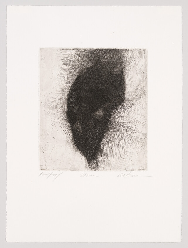 A dark, hunched figure sketched with rough lines, appearing to lean forward and look right.