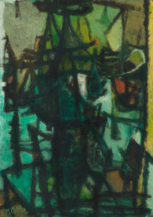 Abstract painting with dark green and teal shapes intersected by thick black lines creating layered forms.
