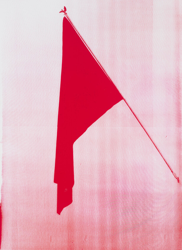 A vibrant red triangular flag on a pole against a soft pink background with a subtle texture.