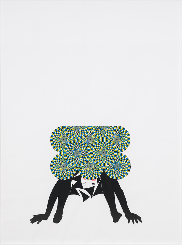 A crouching stylized figure with kaleidoscopic circular hair patterns covering their head.