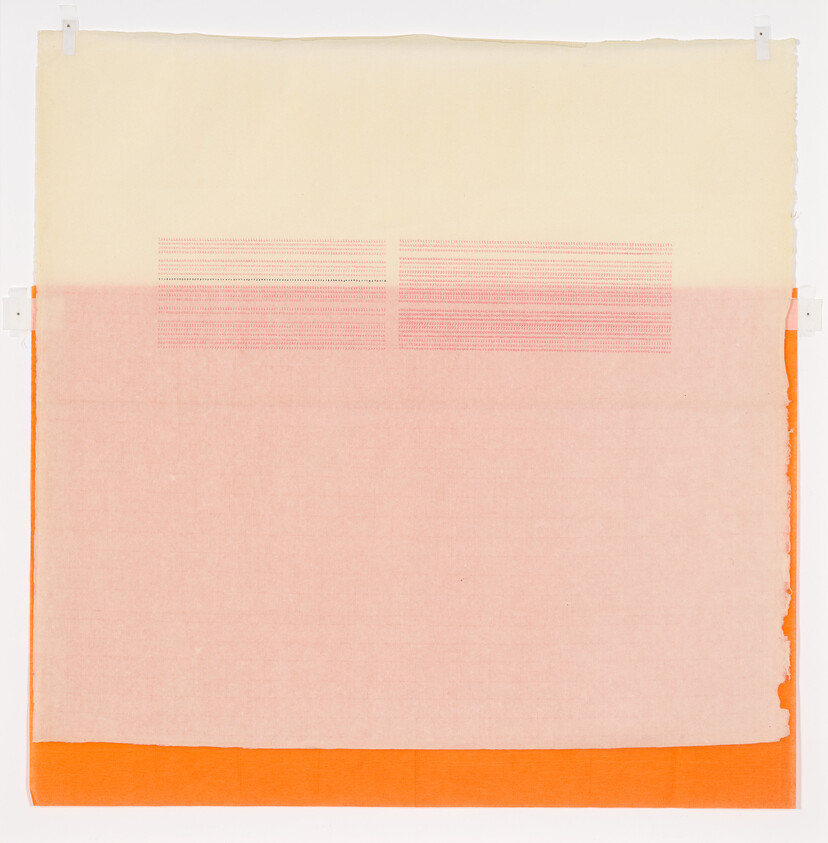 Large abstract sheet with cream, pale pink, and bright orange horizontal bands and dotted perforations.