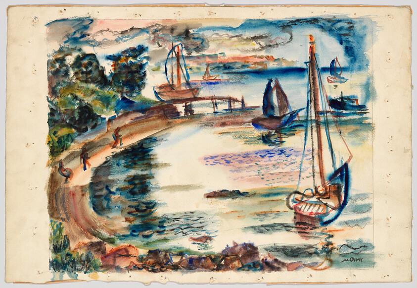 Sailboats floating near a curved shoreline with a small pier and people walking.