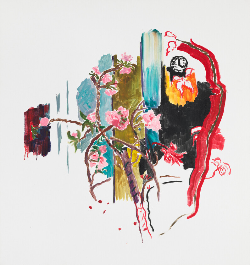 Delicate pink cherry blossoms and twisting branches amid bold abstract color blocks.