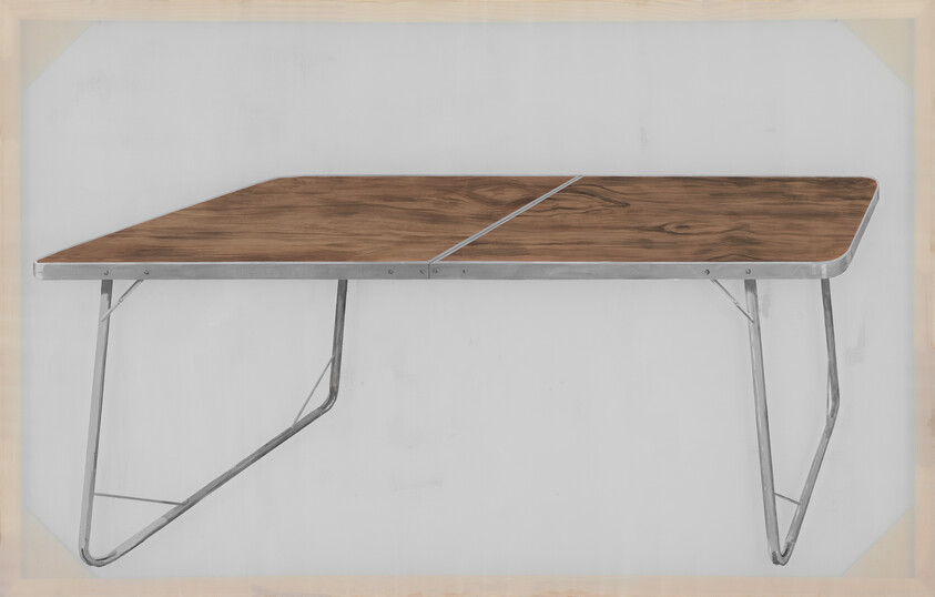 A folding table with a wood-grain top and metal collapsible legs.