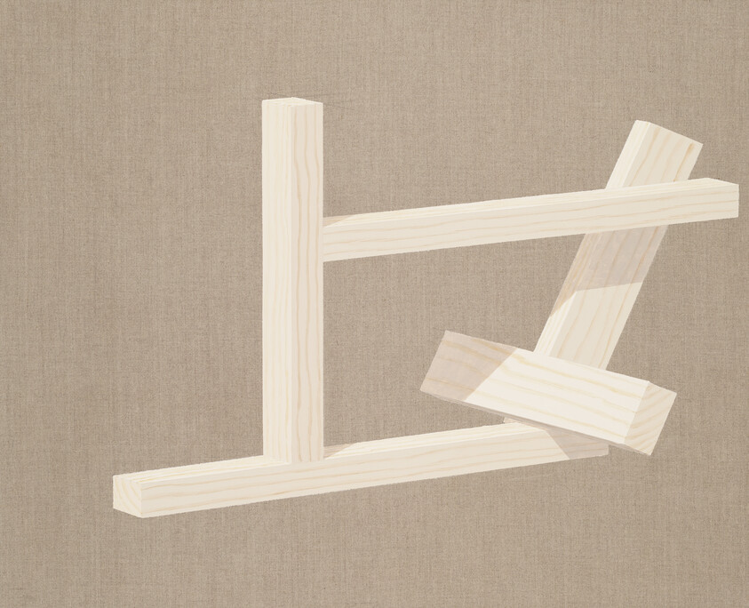 Three wooden planks arranged in an impossible corner-like structure on a beige fabric background.